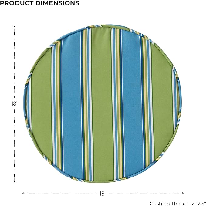 Set of 2 Outdoor 18 inch Round Patio Dining Chair Pads – Comfortable Fiber-Filled Seat Cushions with Ties, Reversible Polyester Fabric - Cayman Stripe