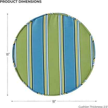 Set of 2 Outdoor 18 inch Round Patio Dining Chair Pads – Comfortable Fiber-Filled Seat Cushions with Ties, Reversible Polyester Fabric - Cayman Stripe