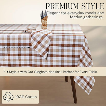 Brown Beige and White Gingham Check Tablecloth, 60x84 Inches, Reusable Farmhouse Table Linen, 100% Cotton, Washable, Plaid Table Cover for Rustic Décor, Weddings, Everyday Dining