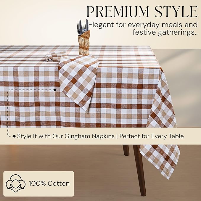 Brown Beige and White Gingham Check Tablecloth, 52x70 Inches, Reusable Farmhouse Table Linen, 100% Cotton, Washable, Plaid Table Cover for Rustic Décor, Weddings, Everyday Dining