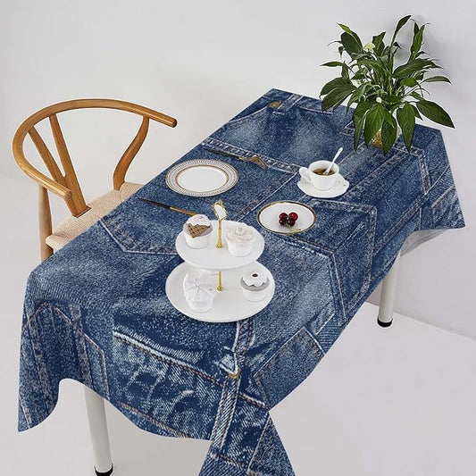 Denim Patchwork Print Style Tablecloth, Fashionable Denim Pattern Design (Not Denim Fabric) Water Resistant Table Cover for Farmhouse Picnic Party Holiday Kitchen Dinner Table 55"x55"