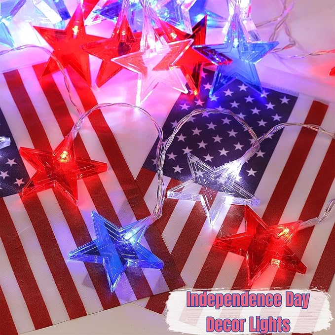 July 4th Red Blue and White Star Lights, 40LED 19FT Patriotic String Lights with Stars Battery Operated, 8 Lighting Modes & Timer, Waterproof Outdoor Independence Day Memorial Day Holiday Party Decor