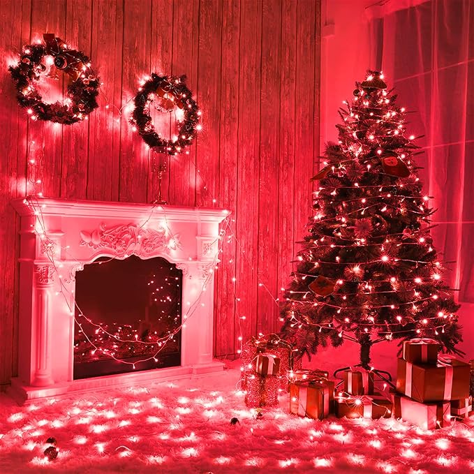 Vivideal 100 LED Red Christmas Lights Outdoor, 33ft Red String Lights 8 Modes Clear Wire, Connectable Waterproof Plug in Led Light for Bedroom Indoor Outdoor Christmas Decorations