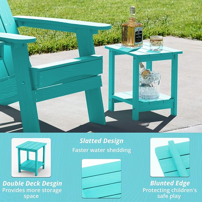 LUE BONA Adirondack Outdoor Side Table, 2-Tier Aruba Blue HDPS Patio End Table Weather Resistant, Outdoor Morden Side Table for Patio, Pool, Porch | 2-Tier Shelf for Extra Storage, Small End Table for Pool, Porch, Balcony, Weather Resistant HDPS, Easy ...