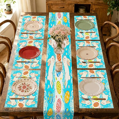 Nuxovilar Tablerunner and Placemats Set of 7 Blue Pattern Easter Bunny & Egg Design Linen Square Placemats for Dining Dining Sets and Accessories Easter Party, Family Meal, Kids