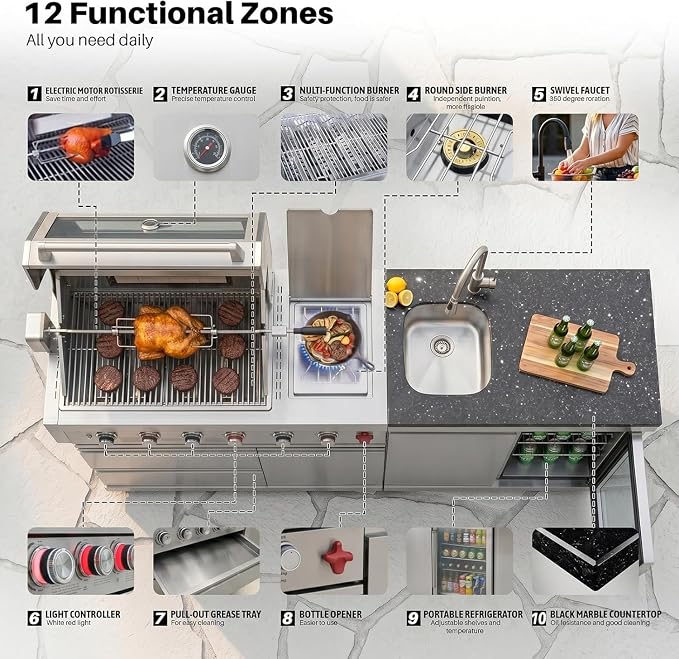 RIGO 84" 6 Burner Outdoor Kitchen Island Grill,75300 BTU 304 Stainless Dual Fuel BBQ Grill with Sink,Fridge & Granite Countertop for Backyard Commercial Use
