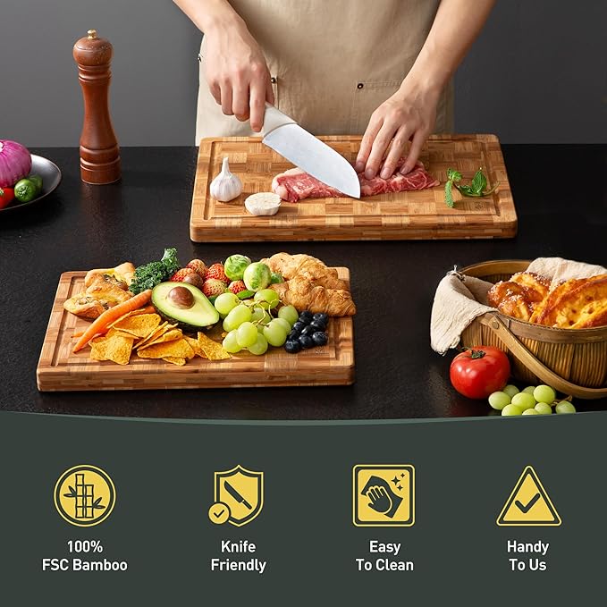 2 Pack Heavy Duty Bamboo Cutting Board Set Non Slip Over Sink Solid End Grain Thick Wood Chopping Board Extra Large Big Small Best Wooden Kitchen Essential New Home Housewarming Mother Gift