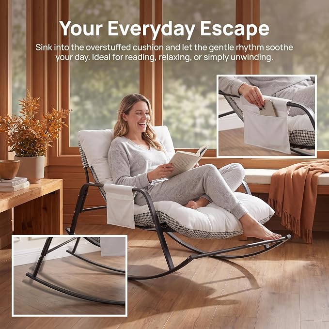 Rocking Papasan Chair, Leather Upholstered Lounge Chair, Beige | Extra-Wide Rocking Chair with Technical Leather Upholstery, Sturdy Frame and Smooth Glide for Indoor / Outdoor Scenes