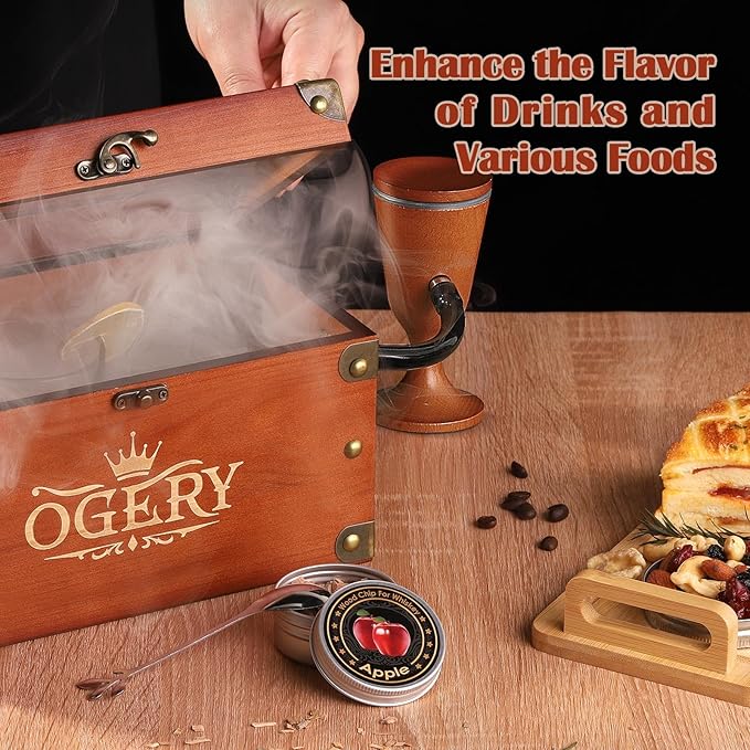 OGERY Cocktail Smoker Kit, Whiskey Smoker Kit with Smoking Gun, Old Fashioned Bourbon Smoker Box and 4 Flavors Wood Chips, Unique Anniversary Birthday Gifts for Men, Dad, Husband (No Butane)