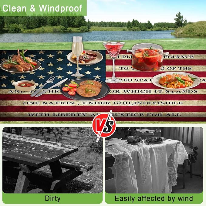 JAWO Vintage American Flag Pledge of Allegiance 3 Piece Picnic Table & Bench Cover Set, Waterproof Elastic Fitted Tablecloth for 4th of July Memorial Day Outdoor BBQ Patio, 30X96in