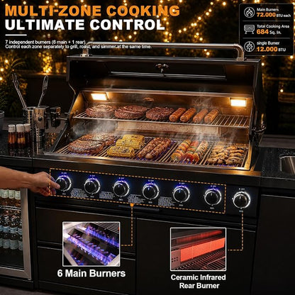 101" 6-Burner Modular Outdoor Kitchen Island, 85,000 BTU Propane Gas Grill | 6 Burners, Rear Infrared, Marble Countertop, Fridge, 360° Pull-Out Faucet, 304 Sink, Dual-Layer Warming Rack, Storage Cabinet
