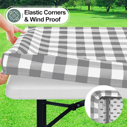 Buffalo Rectangle Picnic Tablecloth, 6 Foot Elastic Fitted Vinyl Table Cloth with Flannel Backing, Waterproof Plaid Table Covers for Dining, Camping, Outdoor (Grey and White, 30" x 72")