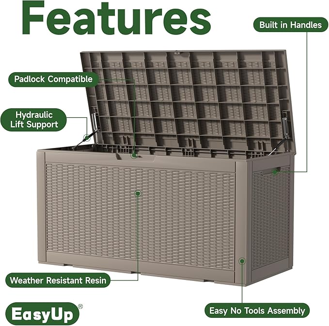 120 Gallon Outdoor Deck Box, Resin Waterproof Storage Box With Lockable Lid, UV-Resistant Multi-Purpose Outdoor Storage Bench for Patio Cushions, Garden Tools, Pool Accessories (120 Gallon, Grey)