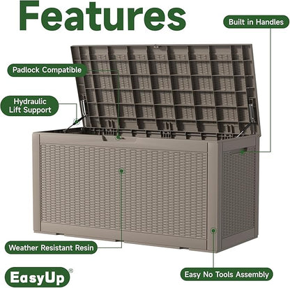 120 Gallon Outdoor Deck Box, Resin Waterproof Storage Box With Lockable Lid, UV-Resistant Multi-Purpose Outdoor Storage Bench for Patio Cushions, Garden Tools, Pool Accessories (120 Gallon, Grey)