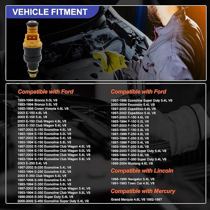 HiSport Fuel Injector 0280150943 4Holes 1PC Compatible with Ford, Lincoln, Mercury Vehicles 4.6L 5.0L 5.4L 5.8L E150, E250, E350, F150, F250, F350, Mustang Expedition Thunderbird Replaces 0280150939
