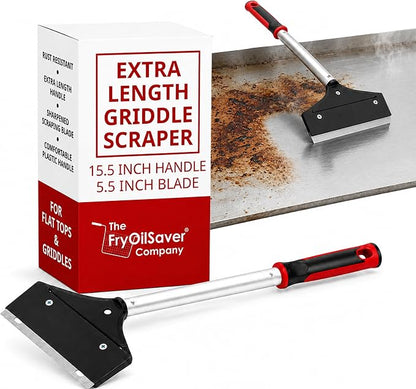 Heavy Duty Griddle Scraper for Flat Top Grills – 15.5” Long Handle Cleaning Tool w/ 5.5” Replaceable Flat Stainless Steel Blade - Removes Burnt-On Food & Grease - by FryOilSaver Co. - 90018