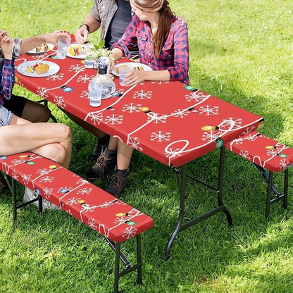 Christmas Colored Lights Snowflake Picnic Table Cover with Bench Covers 3 PCS for Outdoor Camping Rectangle Table Cloth for Picnic Camping Outdoor