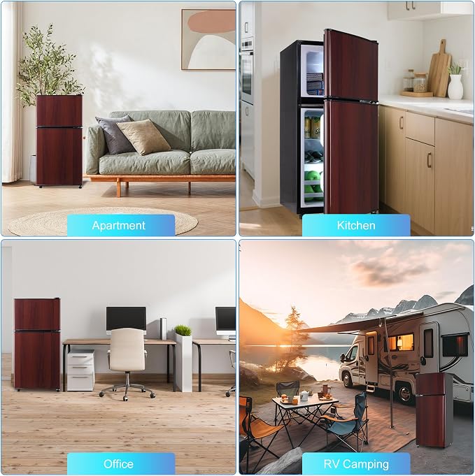 Dorm Fridge with Freezer, Small Refrigerator 3.45 Cu. Ft. with Freezer | 7-Level Temperature Adjustable Apartment Size Fridge with Removable Shelves for Kichen, College, Office, Apartment, Wood