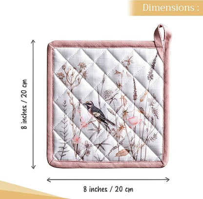 Maison d' Hermine Pot Holders 100% Cotton Heat Resistant Potholders 8" x 8" Hot Pads with Loop Baking Hotel Farmhouse Kitchen Handling Hot Pans Spring Summer (Pack of 2, Meadow Florals - Brown)