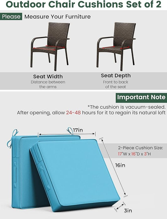 Outdoor Chair Cushion 17 x 16 x 3 Inches Patio Furniture Outdoor Waterproof Seat Cushion, Patio Chair Cushion with Handles and Ties, Square Dining Chair Cushion Set of 2, Lake Blue