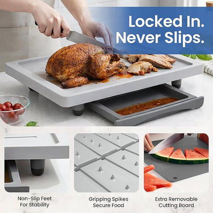 Large Cutting Board - Karving King Plus Meal Prep System with Juice Groove, Spikes, Drip Tray & Removable BPA Free Cutting Board - Patented Multi-Feature Design Carving Board - BBQ & Kitchen Essential