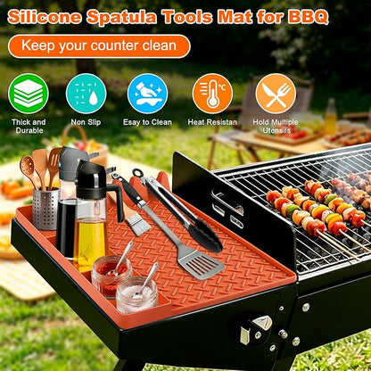 Silicone Grill Tool Mat for Blackstone, BBQ Griddle Mat with Drip Pad, Side Mats for Blackstone Griddle Accessories, Heat Resistant Spatula Mats for Outdoor Kitchen Counter, Gifts for Men (Orange)