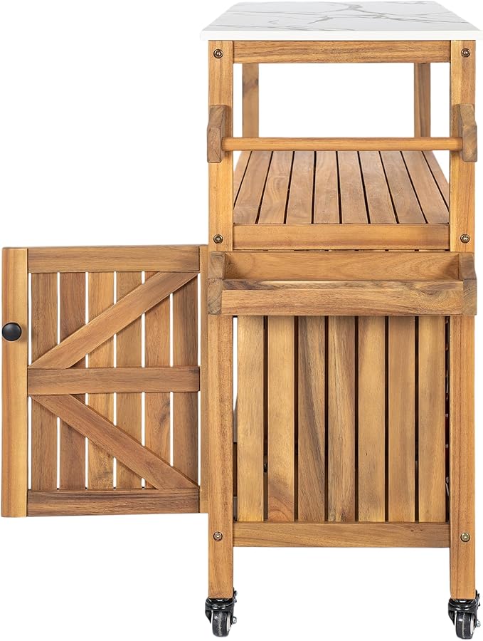 Merax Outdoor Acacia Wood Bar Cart, Natural Finish with Marble-Effect Top | Lockable Wheels & Bottle Holders for Indoor, Outdoor, Patio