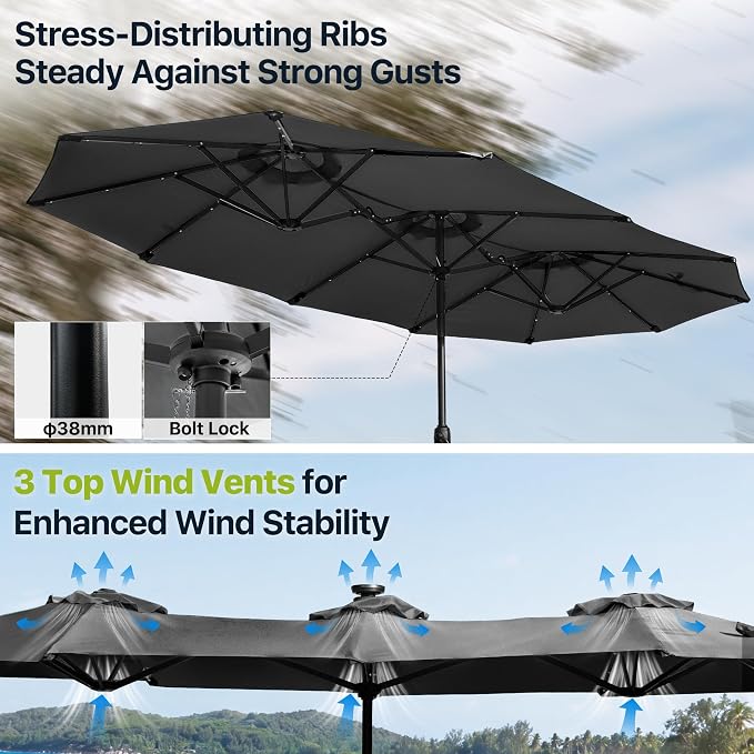 REE SOLDIER 13ft Double Sided Patio Umbrella with Solar Lights (Dark Gray) | Waterproof Fade-Resistant Fabric, Rust-Proof Aluminum Pole, Crank Tilt Adjustment, Ideal For Garden, Yard, Pool, Patio
