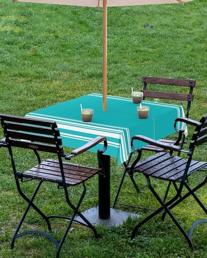 QueenKer Outdoor Tablecloth with Umbrella Hole, Farmhouse Aqua White Stripe Square Tables Waterproof Tabletop Collection for Patio, Garden, Picnic, Camping, Dining 60 x 60 inch