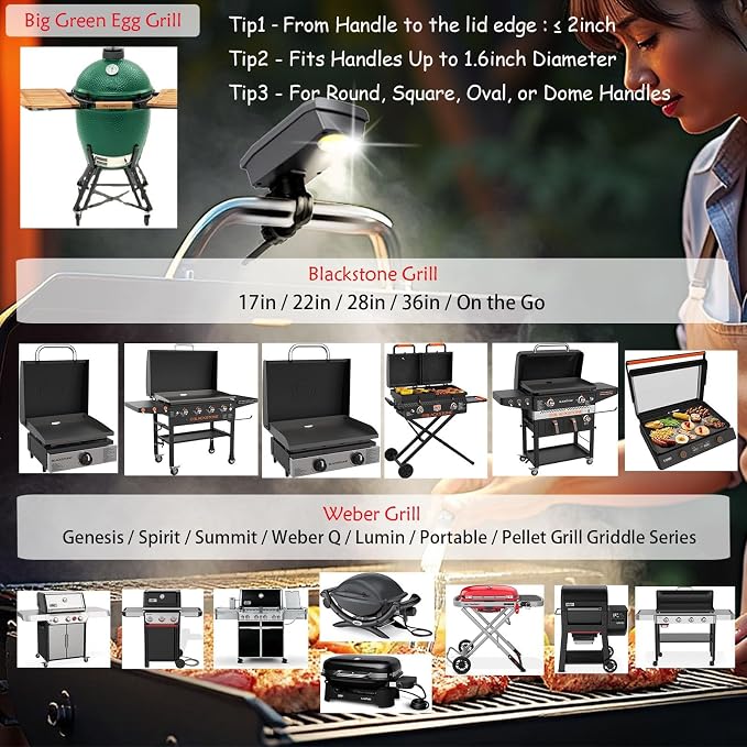 Solar/USB-C Grill Lights for Outdoor Grill | Compatible with Blackstone/Weber/Big Green Egg, Rechargeable LED Work Light, Gifts for Men, BBQ Accessories