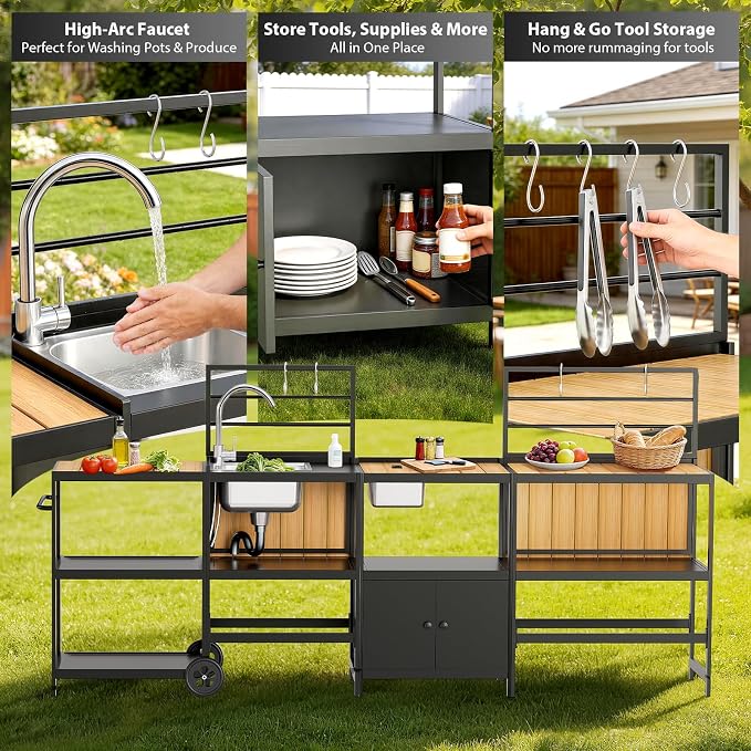 LEVELEVE Modular Outdoor Kitchen Island 4-Piece Set, Aluminum Outdoor Kitchen Cabinets Prep Station with Sink, Storage Cabinets & Shelves for Patio, Backyard & Deck