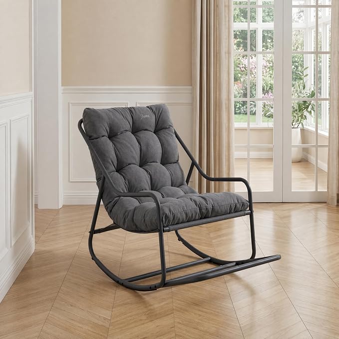 Outdoor Rocking Chairs, Metal Frame Outdoor Rocker with Footrest, Comfy Oversized Patio Chair with Thick Cushion, Reading Glider Lounge Chair for Living Room, Bedroom, Garden, Relax, Gray