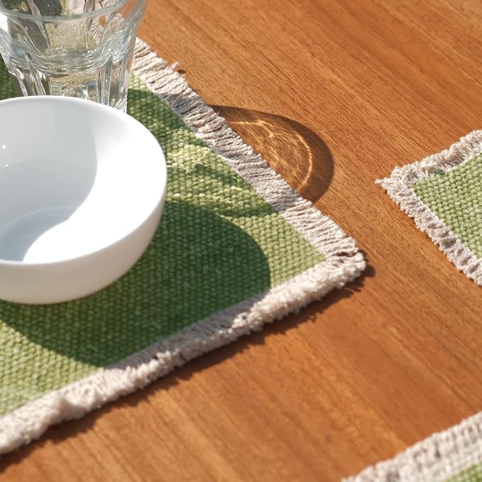 Hausattire Cotton Frayed Placemats Set of 4 Dining Table 14x14 Inch | Rustic Vintage Boho Washable Spring Easter Placemat for Outdoor Parties BBQ's Wedding, Holiday Nubby Cotton - Green