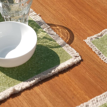 Hausattire Cotton Frayed Placemats Set of 4 Dining Table 14x14 Inch | Rustic Vintage Boho Washable Spring Easter Placemat for Outdoor Parties BBQ's Wedding, Holiday Nubby Cotton - Green
