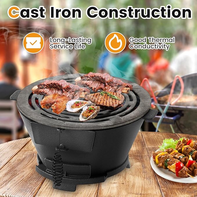 Hibachi Grill, Portable Cast Iron Charcoal Grill with Air Regulating Door & Fire Gate, Grate Lifter, Small Tabletop Japanese Yakitori Grill for Outdoor Camping, Picnic, Party (Round)