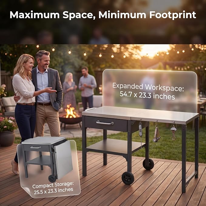 55” Outdoor Grill Table with Storage Cabinet & Folding, Metal | Stainless Steel Top Grill Cart for Kitchen with Wheels & Hooks, Kitchen Island Prep Table/Pizza Oven Table for BBQ Backyard