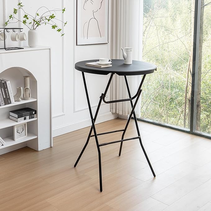 BTEXPERT 32" Round 43" Bar Height Folding Commercial Portable Banquet Plastic Coffee Dining Cocktail Table for Wedding Party Event Home Kitchen Indoor Outdoor Standing Walking-Black
