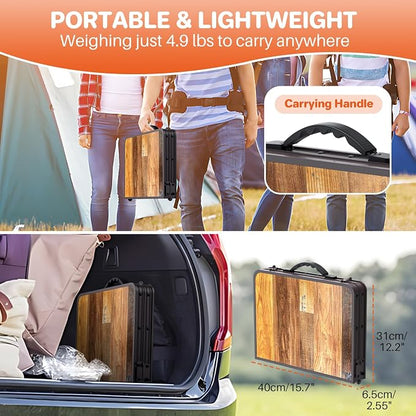 FUNYKICH 2ft Folding Camping Table 22.8''x15.7''x27.5'',3 Height Adjustable | Lightweight Aluminum Outdoor Small Tables with Carry Handle for Car Camping, Backpacking, Picnic, BBQ, Brown