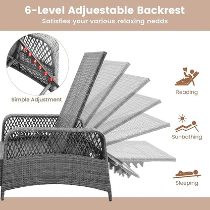 Tangkula Wicker Chaise Lounge Outdoor Set of 2, Patio Rattan Reclining Chaise with 6-Gear Adjustable Backrest, Thick Padded Cushion & Removable Lumbar Pillow, Pool Lounge Chairs (Grey)