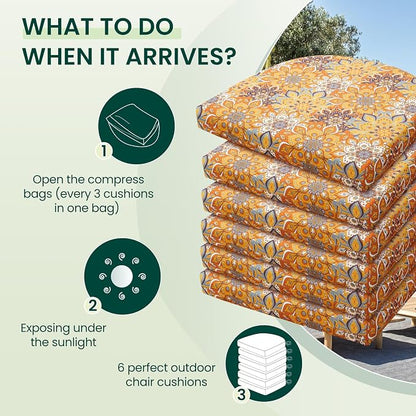 HARBOREST Outdoor Chair Cushions Set of 6, Water Resistant Patio Chair Cushions with Ties, Outdoor Seat Cushions for Patio Furniture, 17"x16"x2", Blooming