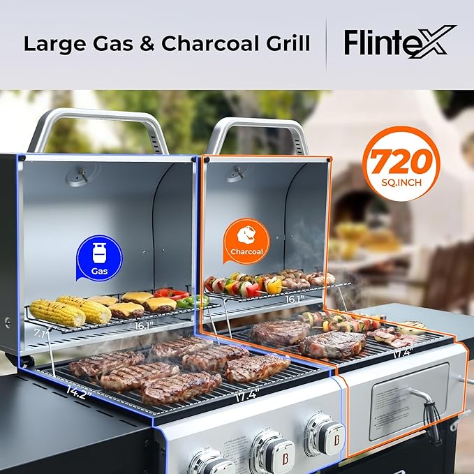 Flintex Propane Gas and Charcoal Grill Combo with Griddle Pan & Porcelain-Enameled Cast Iron Grates, Dual Fuel BBQ Grill for Outdoor Events & Backyard Barbecue, 720 SQIN Cooking Area