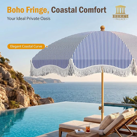 HERA'S PALACE 7 ft Heavy Duty Beach Umbrella with Sand Anchor, Fringe Umbrella for Sand, UV 50+, Patio Umbrella with Tilt Pole for Garden Pool Backyard