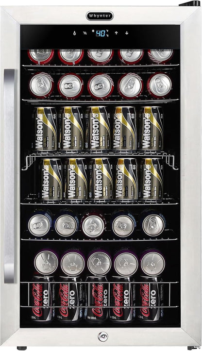 Whynter Beverage Refrigerator with Double-Layer Glass Door, 136-Can 3.4 Cu. Ft. Drink Mini Fridge with Lock & Digital Control, BR-1211DS, Stainless Steel