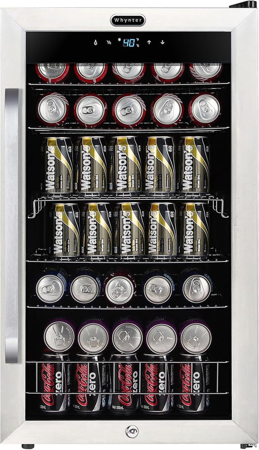 Whynter Beverage Refrigerator with Double-Layer Glass Door, 136-Can 3.4 Cu. Ft. Drink Mini Fridge with Lock & Digital Control, BR-1211DS, Stainless Steel