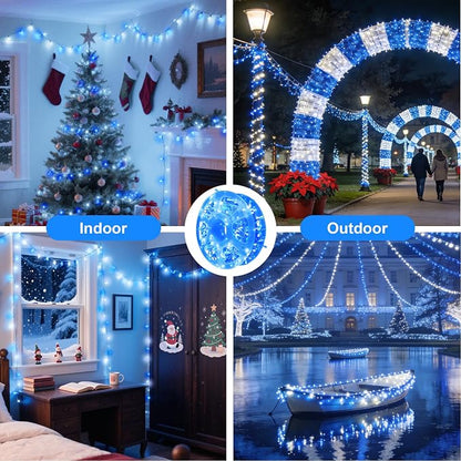 Blue White Christmas Fairy String Lights, 165FT 500L Indoor Outdoor | 8 Modes with Memory, IP65 Waterproof, Clear Wire, Tangle-Free Design for Bedroom Garden Wedding Wall Tree Party