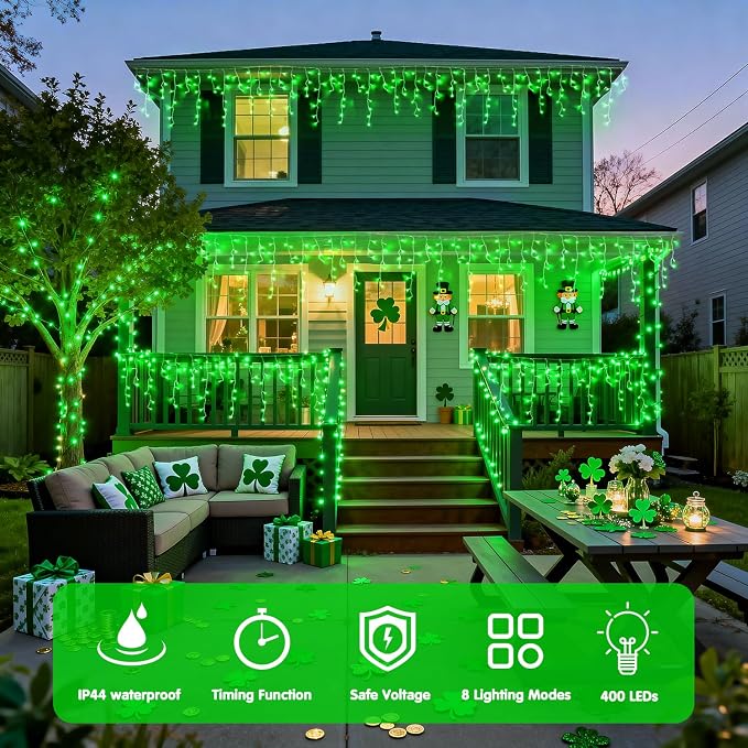 JMEXSUSS Green Icicle Christmas Lights Outdoor, 400 LED 38.8Ft | Connectable String Lights Plug in Indoor Outdoor, Icicle Lights for St Patrick's Day House Fireplace Party Yard Decoration
