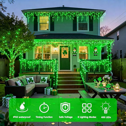 JMEXSUSS Green Icicle Christmas Lights Outdoor, 400 LED 38.8Ft | Connectable String Lights Plug in Indoor Outdoor, Icicle Lights for St Patrick's Day House Fireplace Party Yard Decoration