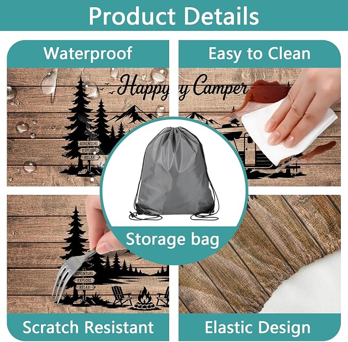 Picnic Table Cover with Bench Covers and Bag, Elastic Edges Waterproof Windproof Vintage Wood Camper Outdoor Tablecloth, RV Camping Essentials, Fitted 6FT Rectangle Tables and Seats, 3 Pcs, 30x96 Inch