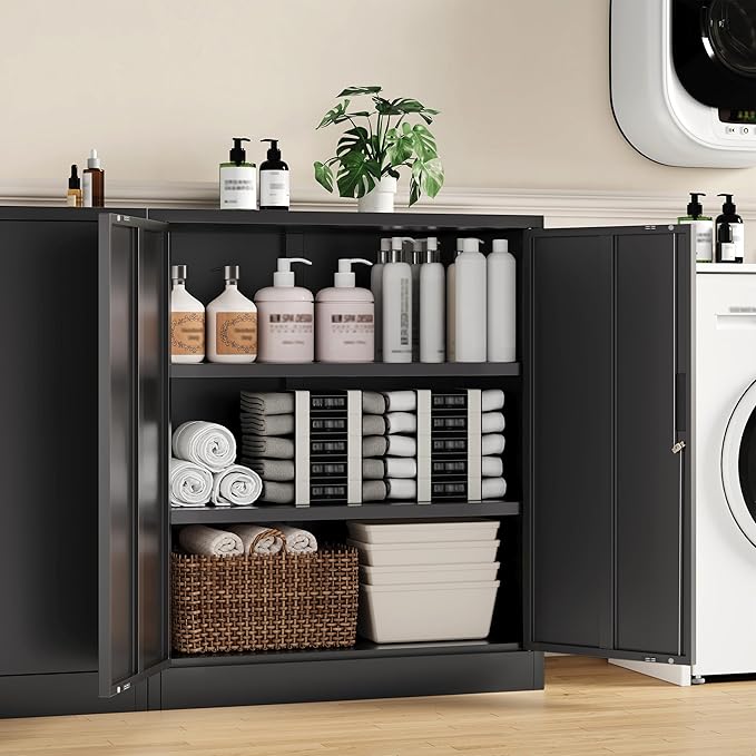 CJF Pantry Cabinet, Metal Pantry Storage Cabinets with Doors and 2 Adjustable Shelves, 36" H Locking Cabinet for Kitchen Storage, Home, Garage, Utility Room and Basement, Black