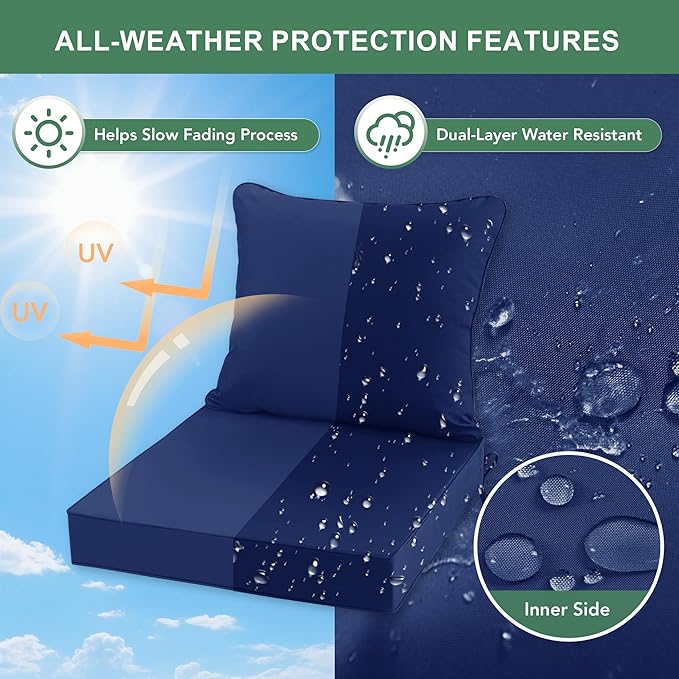 Summsun Patio Cushions for Outdoor Furniture, 22 x 22 in, Navy, Set of 2 | Double-Sided Water Resistant, Removable Cover, Back Pillow & Seat Cushion, Tie Straps, Fit for Patio, Garden, Sofa Couch